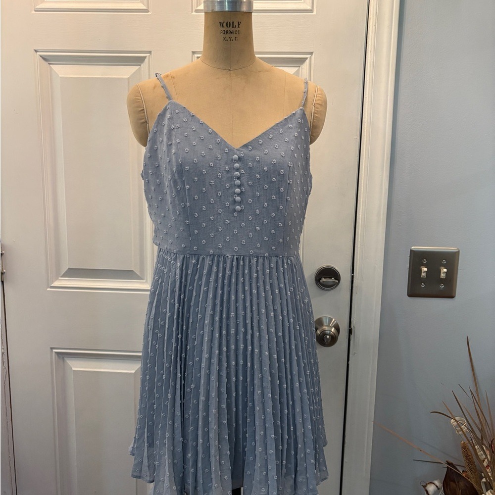 Lulus Light Blue Swiss Dot Pleated Mini Dress V-Neck Spaghetti Strap Large